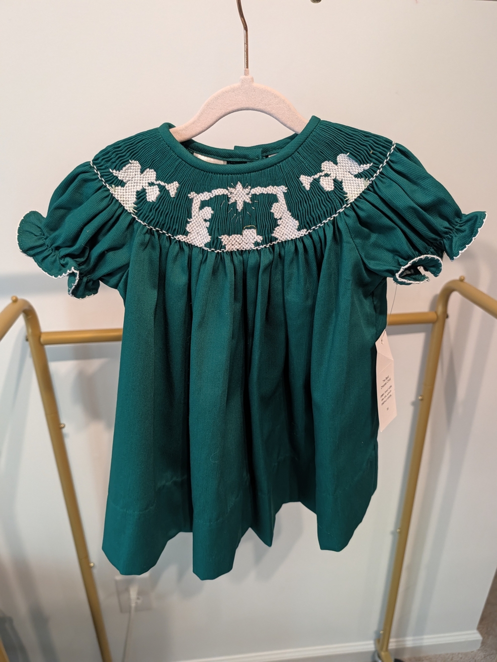 Girls' Green Christmas Nativity Smocked Short Sleeve Dress